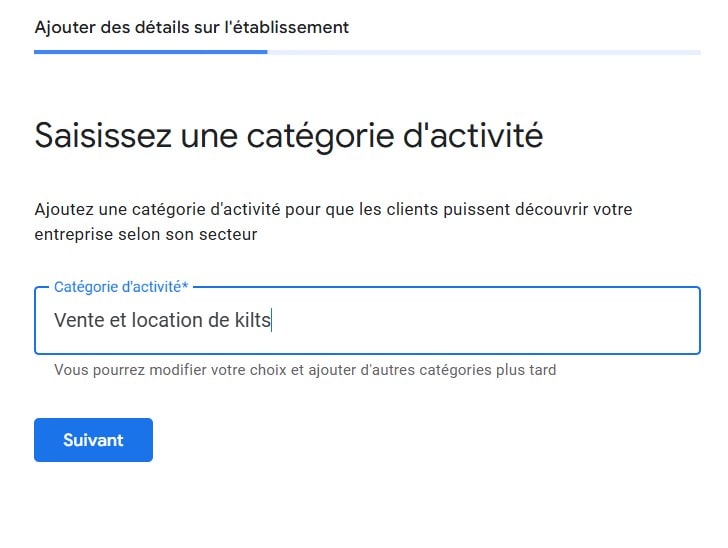 Saisissez une catégorie d'activité