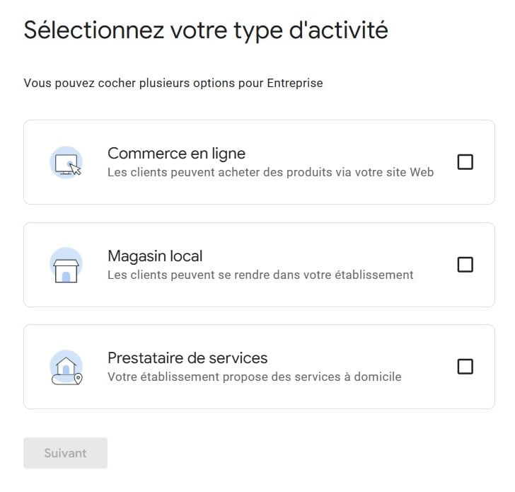 Sélectionnez votre type d'activité