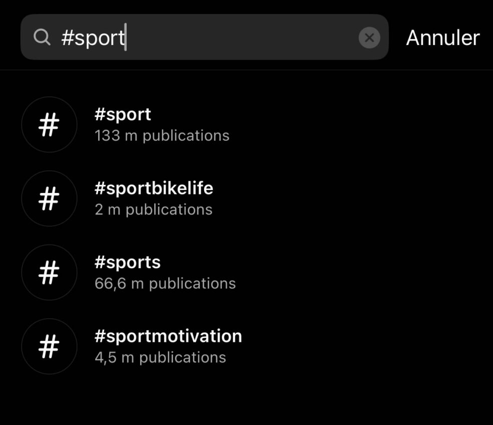 Exemple de recherche de hashtags sur Instagram
